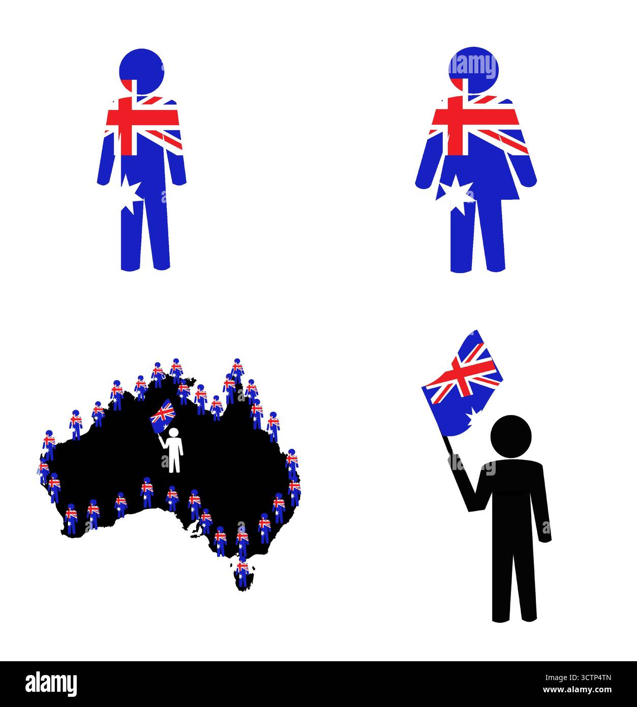 australische australien Karte Flaggensatz Ikonen Zivilisten halten Flagge einzigartig Stock Vektor