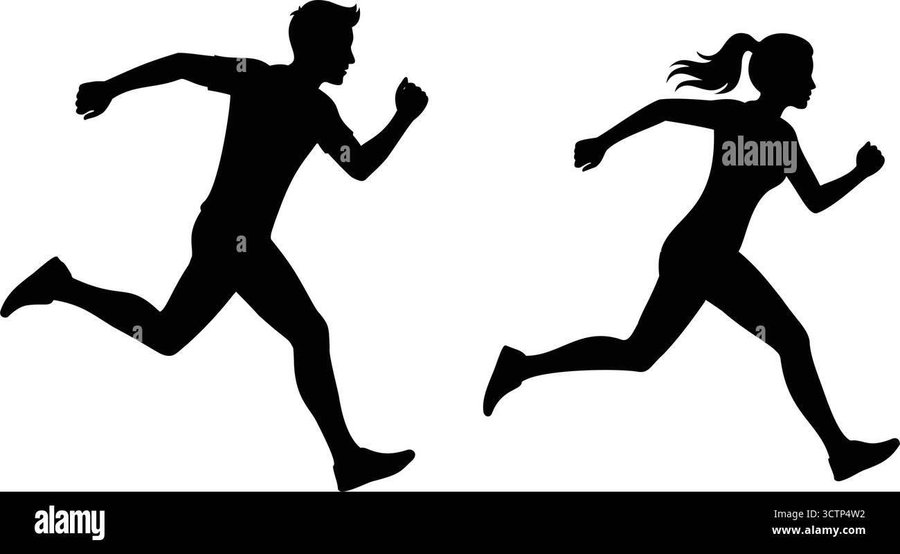 Männer und Frauen nebeneinander laufen Silhouetten, männlich und weiblich, für Fitness, Sport und aktive Lifestyle Themen Stock Vektor