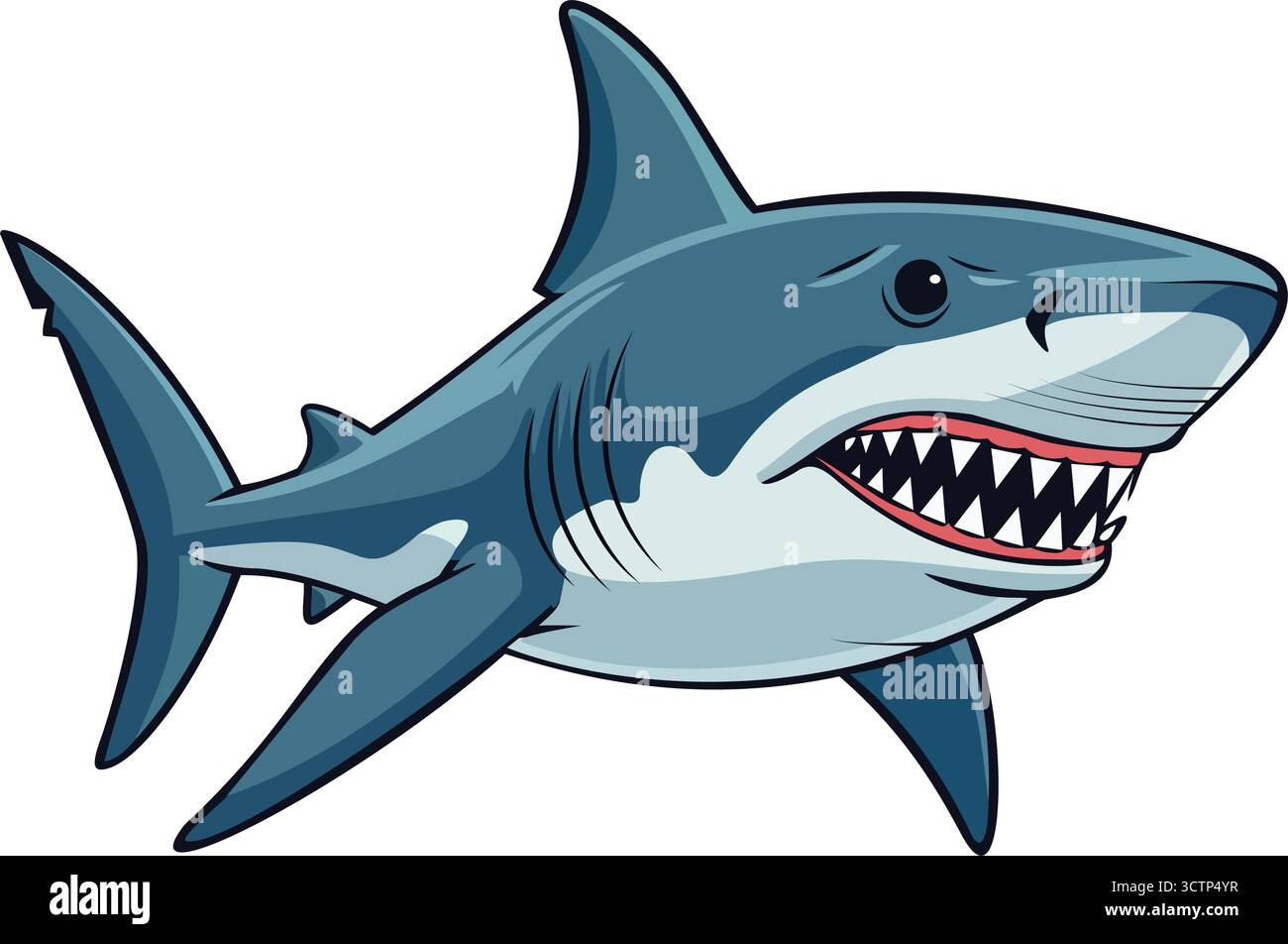 Ein großer weißer Hai, der schwimmt, mit scharfen Zähnen, einem weit geöffneten Mund und einem muskulösen Körper. Stock Vektor