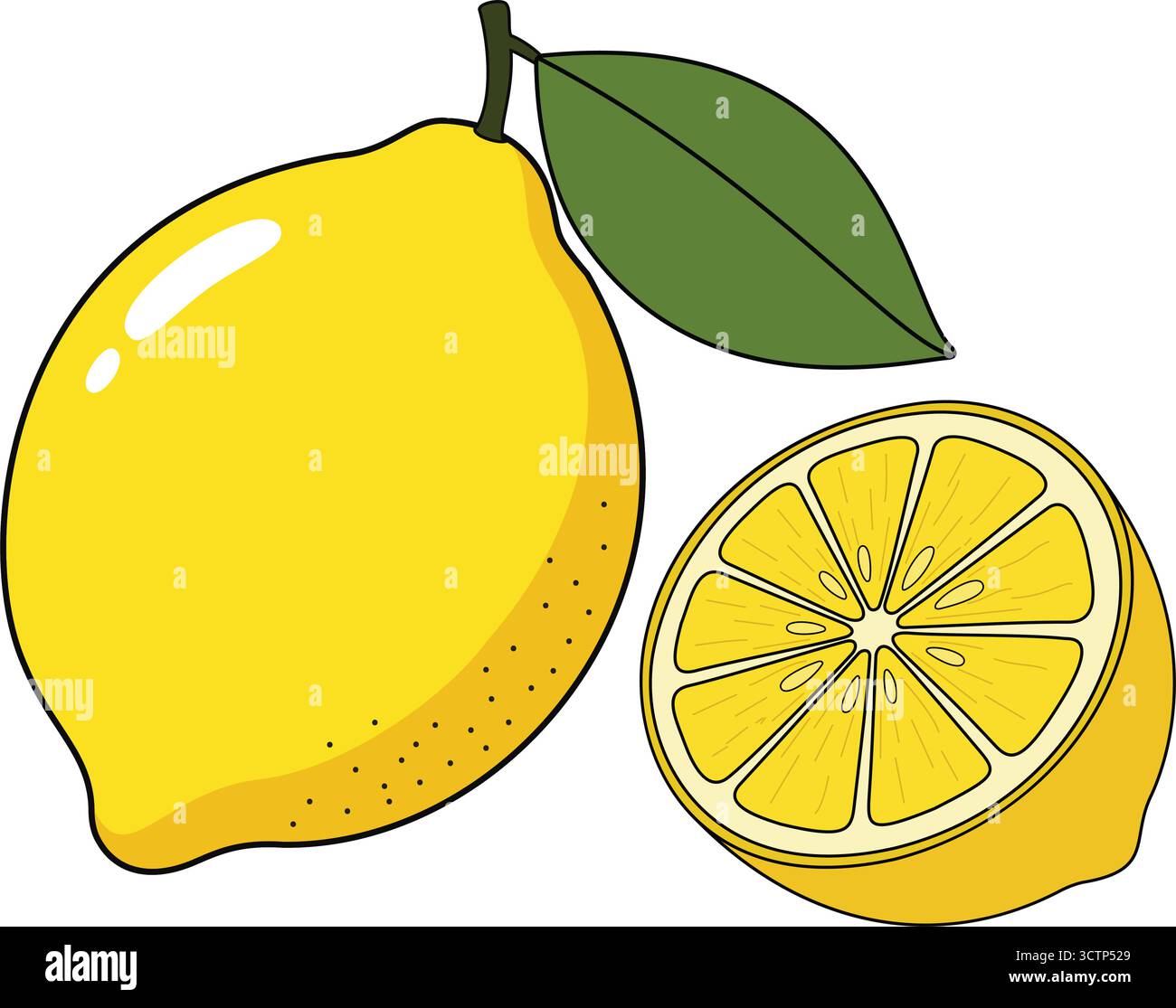 Eine gelbe Zitrone und eine geschnittene Zitrone mit einem grünen Blatt, perfekt für Essen, gesunde Ernährung, Rezepte und Zitrusmotive Illustrationen Stock Vektor