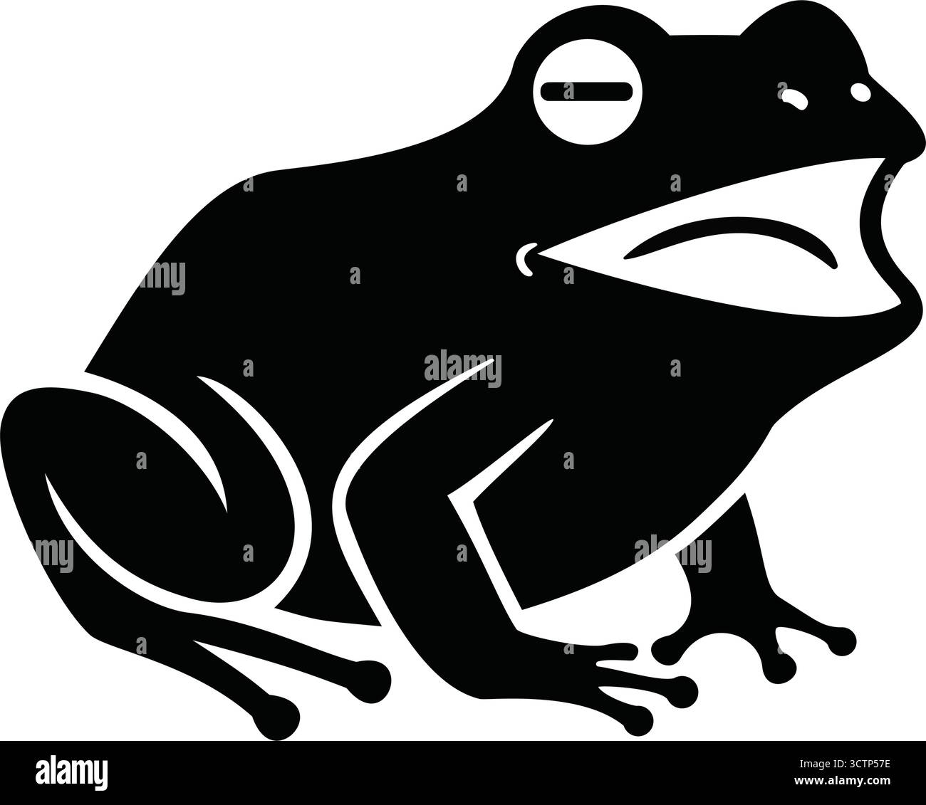 Schwarzes Froschdesign mit offenem Mund, Amphibienillustration und einfacher Tiergrafik für Logos, Drucke und Webelemente Stock Vektor