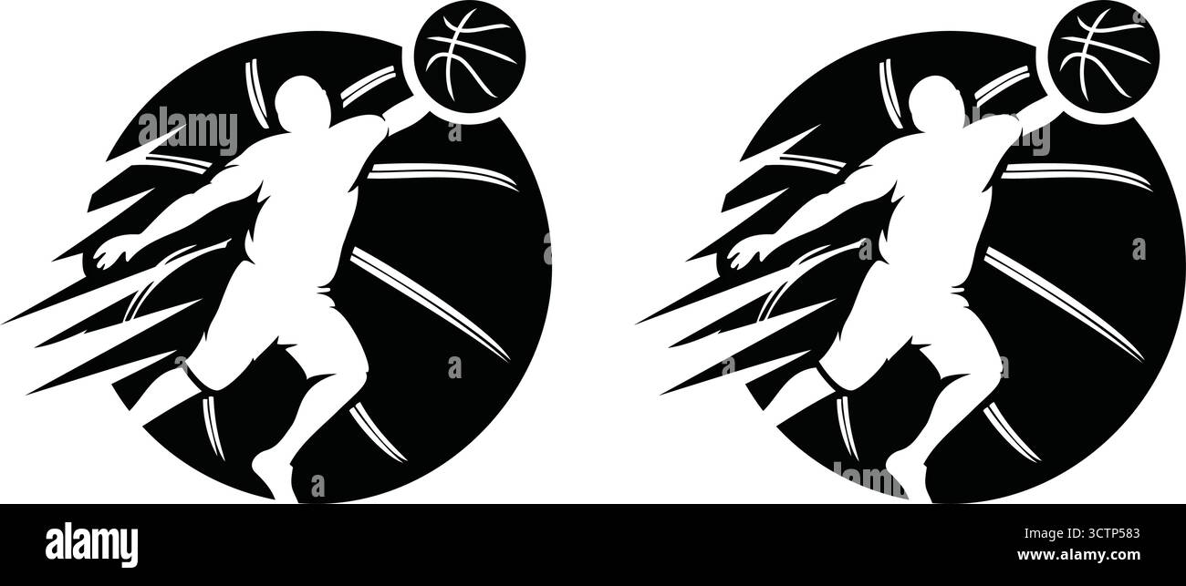 Eine Basketballspielersilhouette, die einen Slam Dunk spielt, ideal für Sportlogos und Werbeaktionen. Stock Vektor