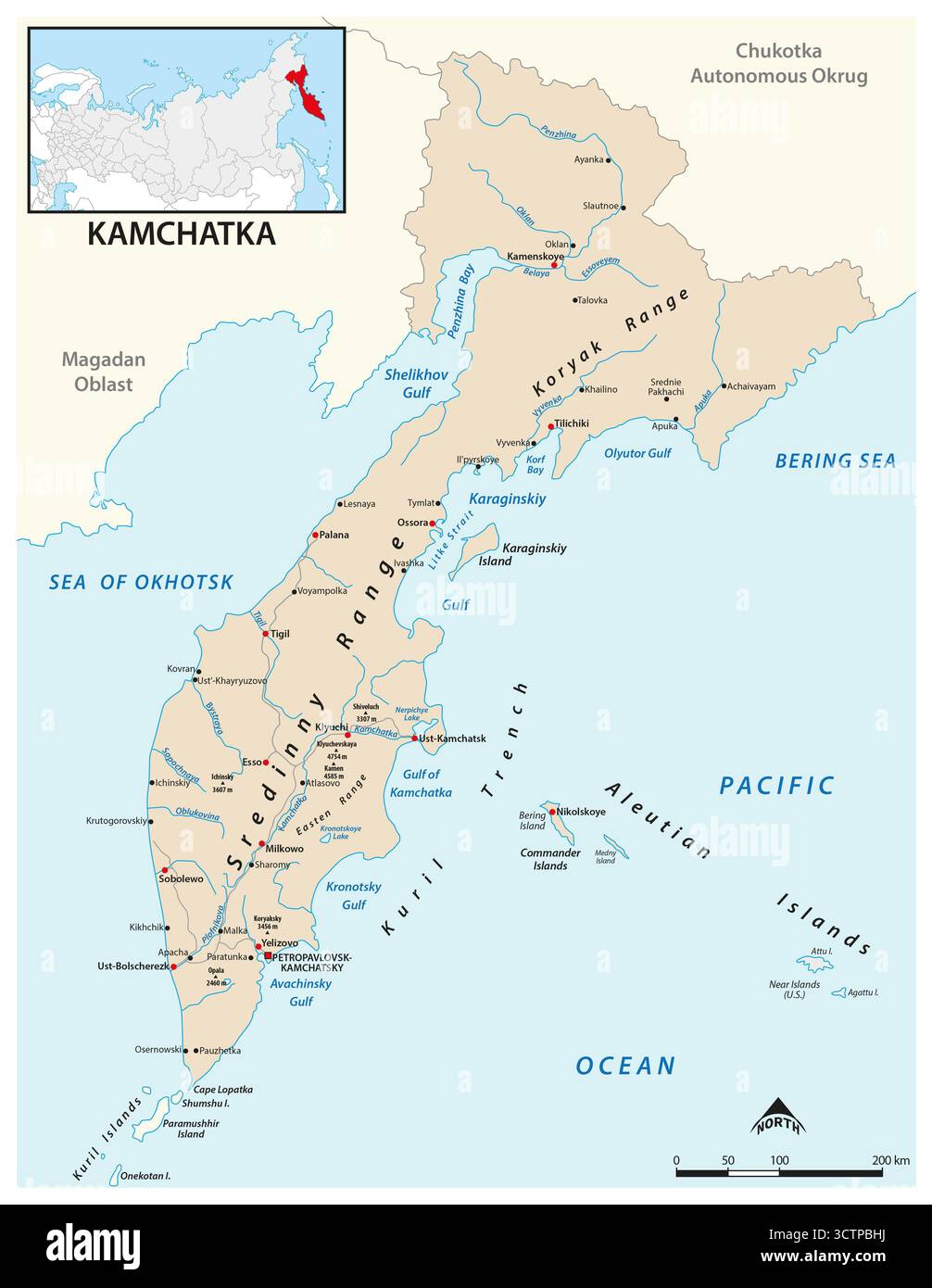 Karte der russischen Region im Fernen Osten Kamtschatka Stockfoto