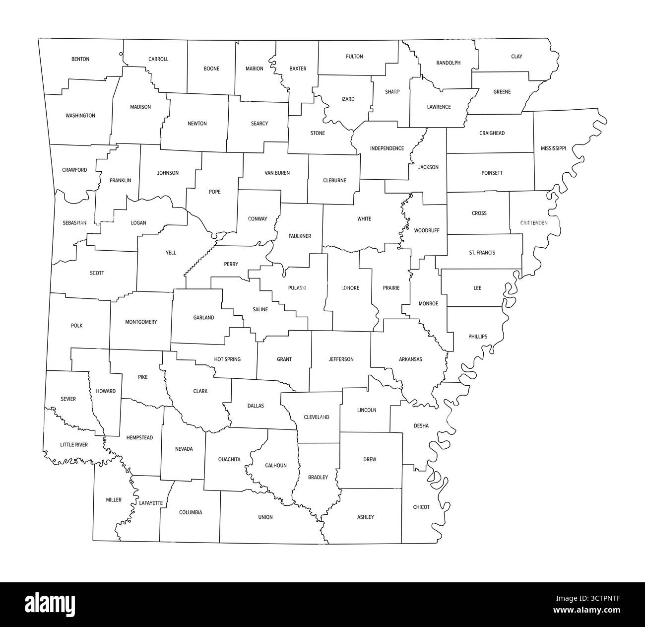 Bundesstaat Arkansas, unterteilt in 75 Countys, Umrisskarte. Bundesstaat in der Region West South Central im Süden der Vereinigten Staaten. Stockfoto