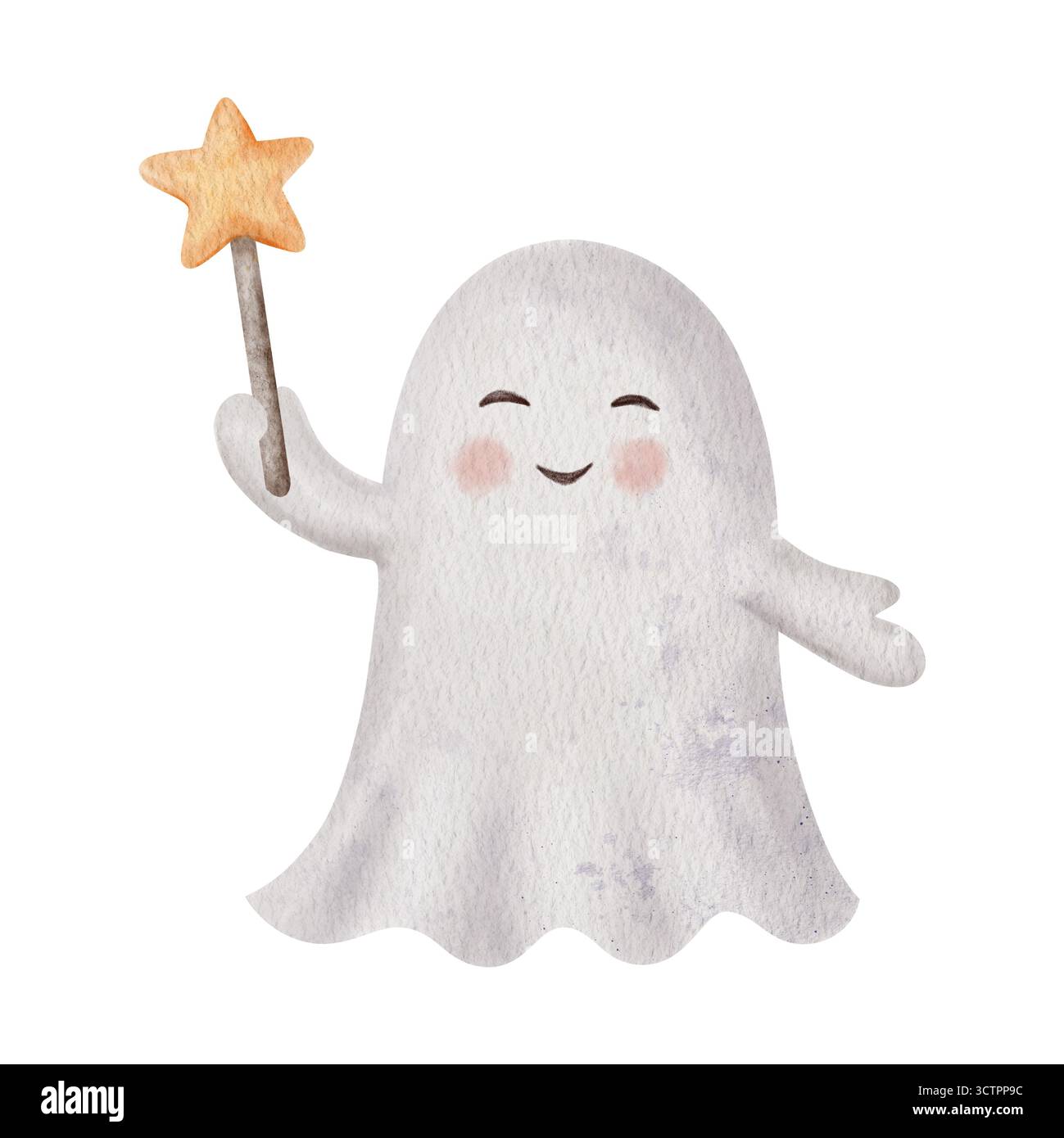 Niedlicher Halloween-Geist mit Zauberstab oder Lutscher auf einem Stab in Sternform. Handgemalter glücklicher Geist isoliert auf weiß. Perfekt für Stockfoto