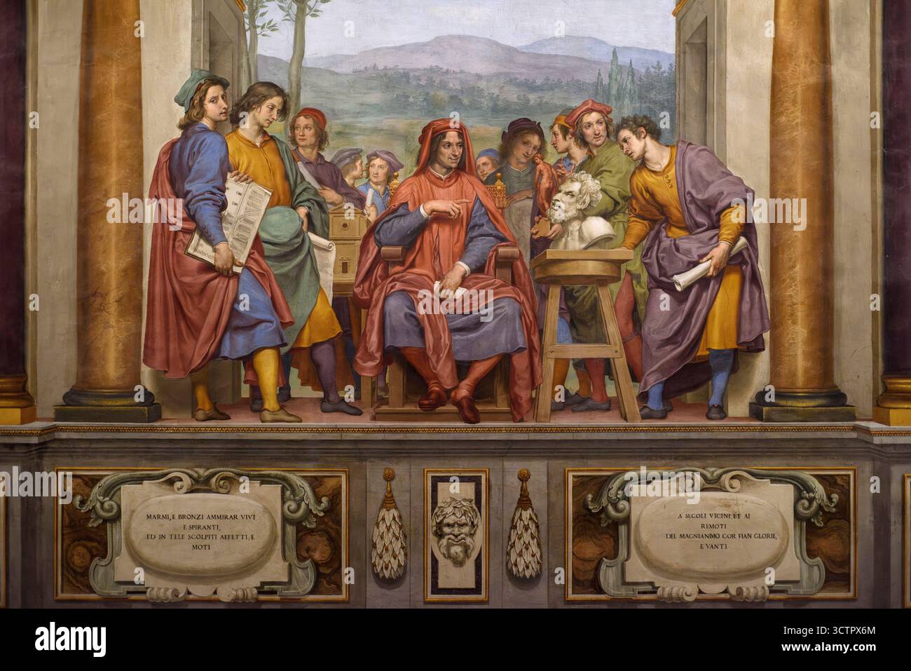 Florenz. Italien. Fresko mit Lorenzo dem Großen (1469–1492), umgeben von Künstlern, darunter dem jungen Michelangelo (rechts), der ihn präsentiert Stockfoto