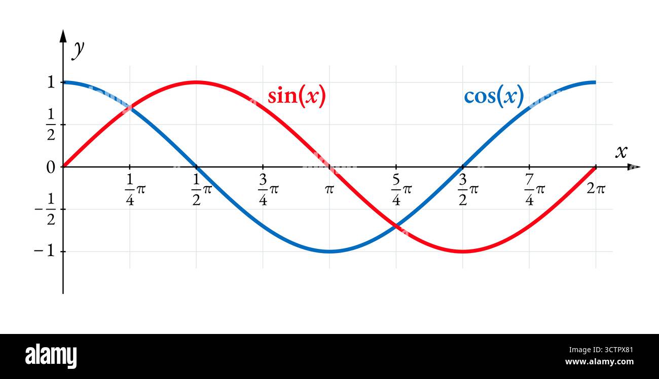 Graphen der Sinus- und Kosinusfunktionen. In der Mathematik trigonometrische Funktionen eines Winkels. Wird in der Geometrie für Dreiecksberechnungen verwendet. Stockfoto