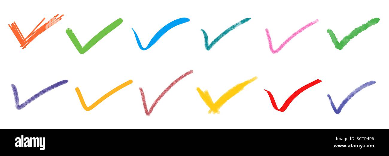 Handgezeichnete bunte Häkchen-Sammlung isoliert auf weiß Stockfoto