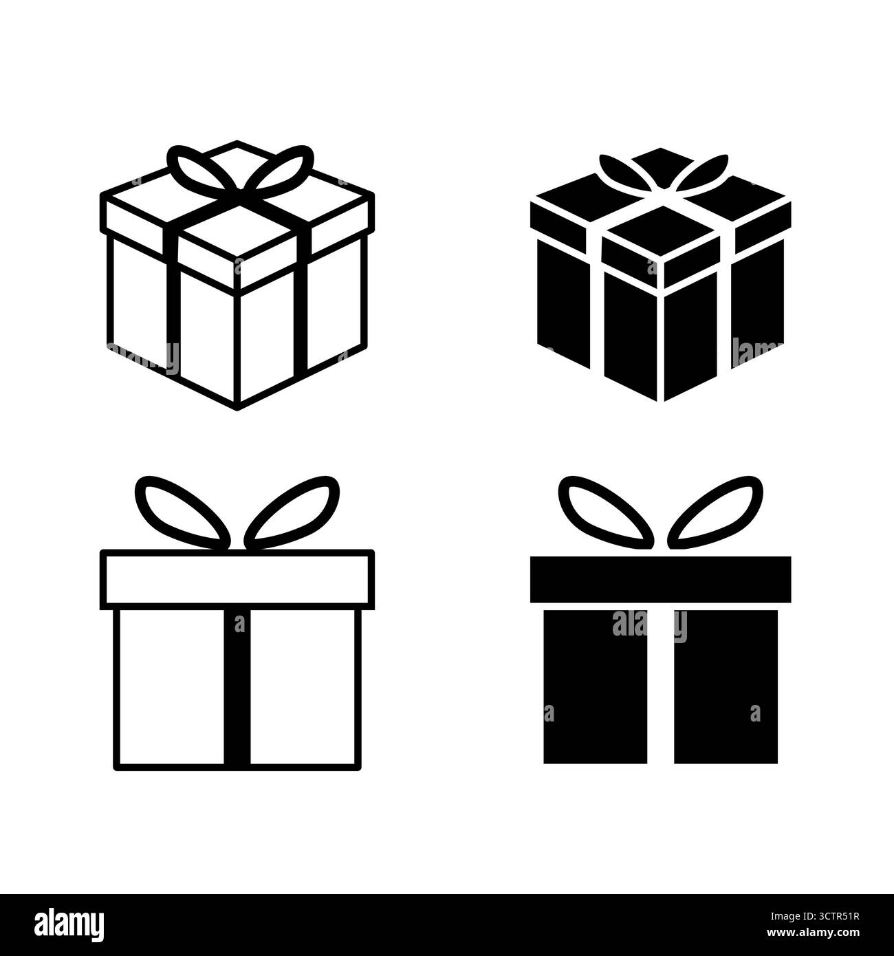Vektorabbildung von Symbolen für Geschenkschachteln in 3D und flach. Enthält umrissene und gefüllte Weihnachtsgeschenkboxen mit Schleifenschleifen. Stock Vektor