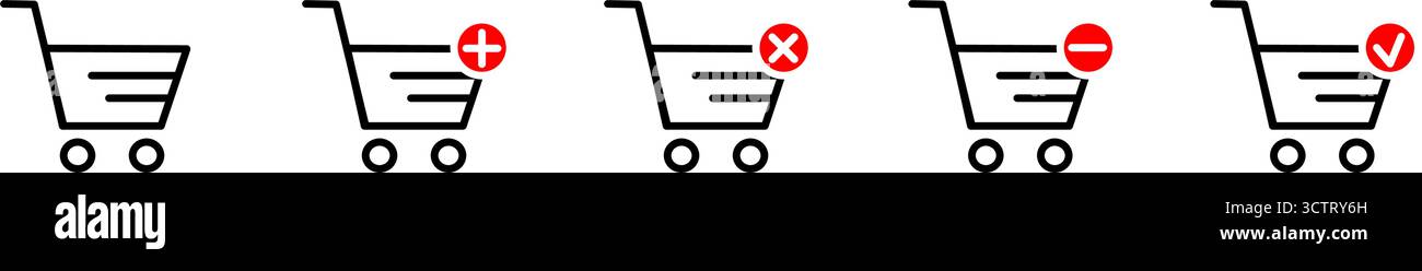 Warenkorb Hinzufügen Entfernen Häkchen Vektorsymbole gesetzt Stock Vektor