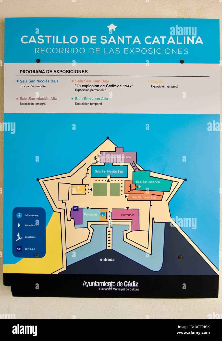 Wandschild Plan der Ausstellungsräume in der Burg von Santa Catalina ehemaliges Gefängnis jetzt eine Touristenattraktion La Caleta Cadiz Andalusien Spanien Europa Stockfoto