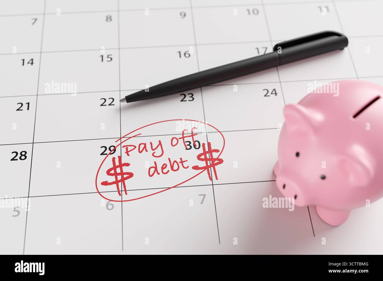 Eine pinkfarbene Schweinebank, ein Stift und ein Kalender mit dem Wort "Schulden abzahlen" und Dollarzeichen in Rot auf einem Datum. Finanzschulden, Kredite und Geldschulden Stockfoto