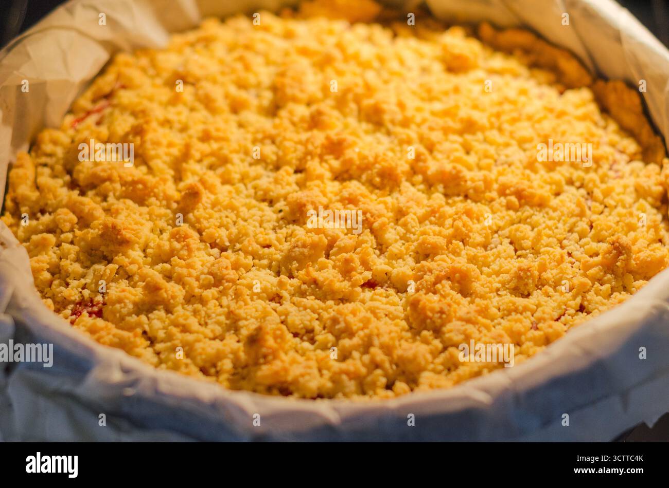 Hausgemachte Sbriciolata Crumble Pie mit Marmelade im Ofen in einer Springform. Garniert mit goldenen Butterbröseln. Gemütliches Herbst- und Winterdessert. Stockfoto