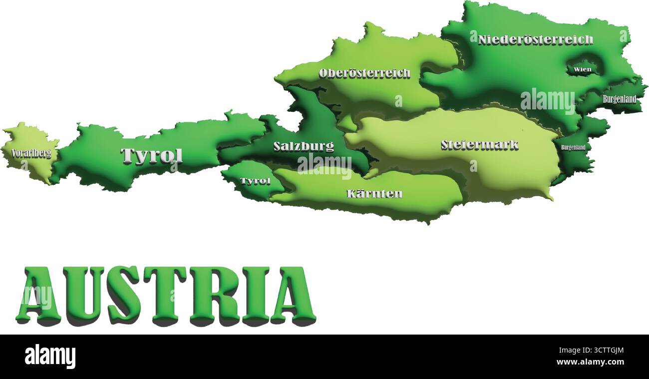 Österreich-Karte – Grüne 3D-Ballonvektorillustration der Länderumrisse für Geographie, Reisen und Bildung Stock Vektor