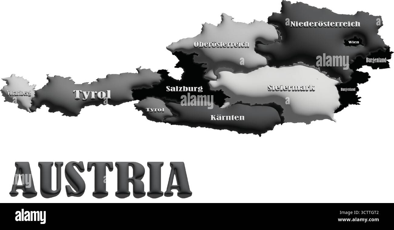 Österreich-Karte – Schwarzweiß-3D-Ballonvektor-Illustration der Länderumrisse für Geographie, Reisen und Bildung Stock Vektor