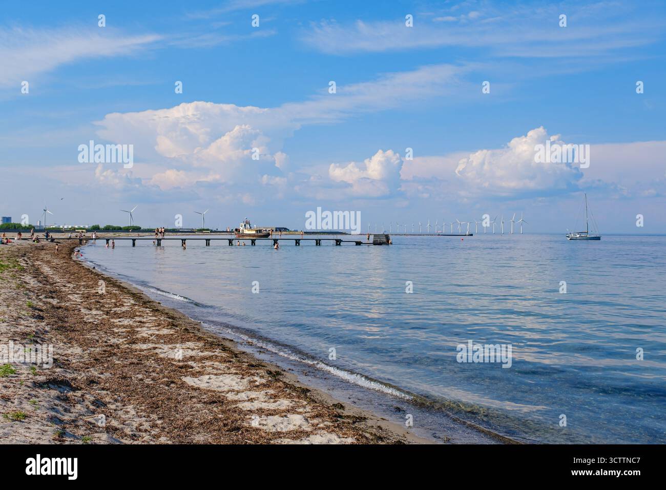 Blick auf den Amager Beach Park, künstlichen Strand auf einer Insel mit Lagune, Wassersport, Kioske und Cafés Stockfoto