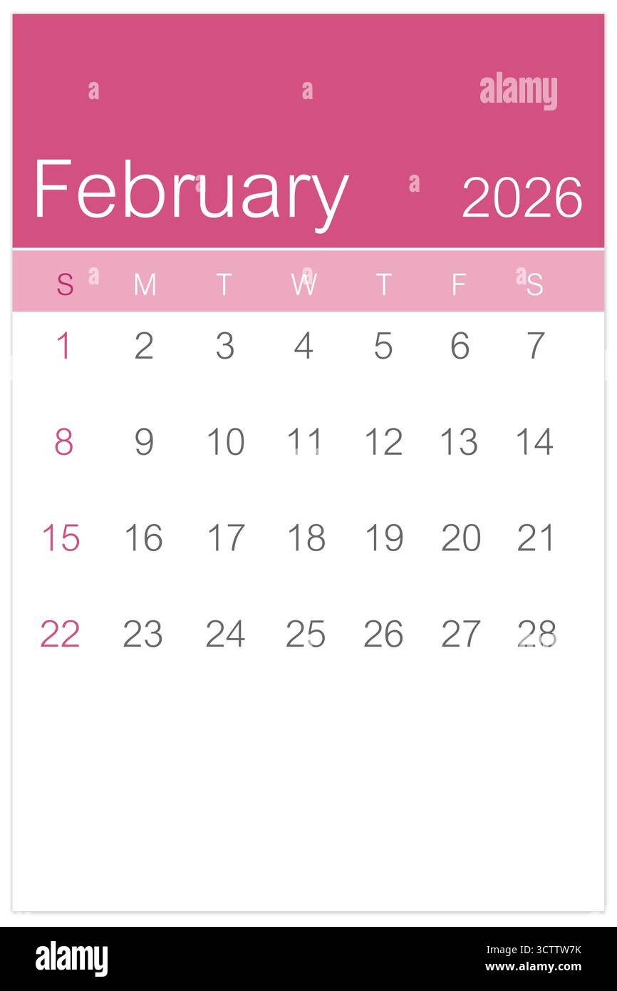 Vertikal der rosa Kalenderseite Februar 2026 isoliert auf weißem Hintergrund, gespeicherter Beschneidungspfad. Stockfoto