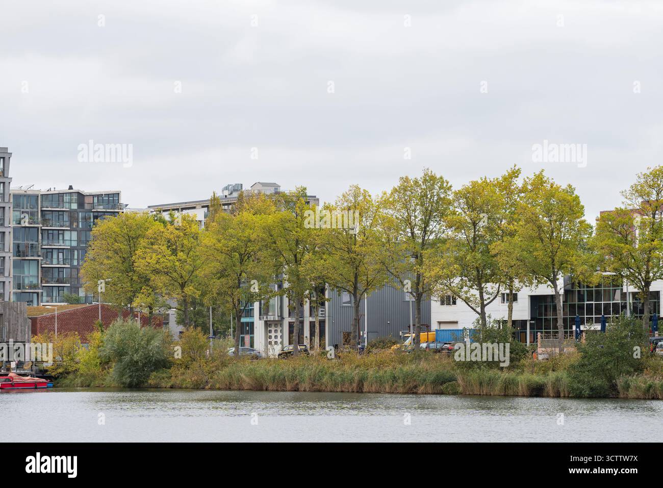 Vorderansicht über den Fluss mit hohen grünen Bäumen mit einem Wohnhochhaus hinter einem graubewölkten Himmel Stockfoto