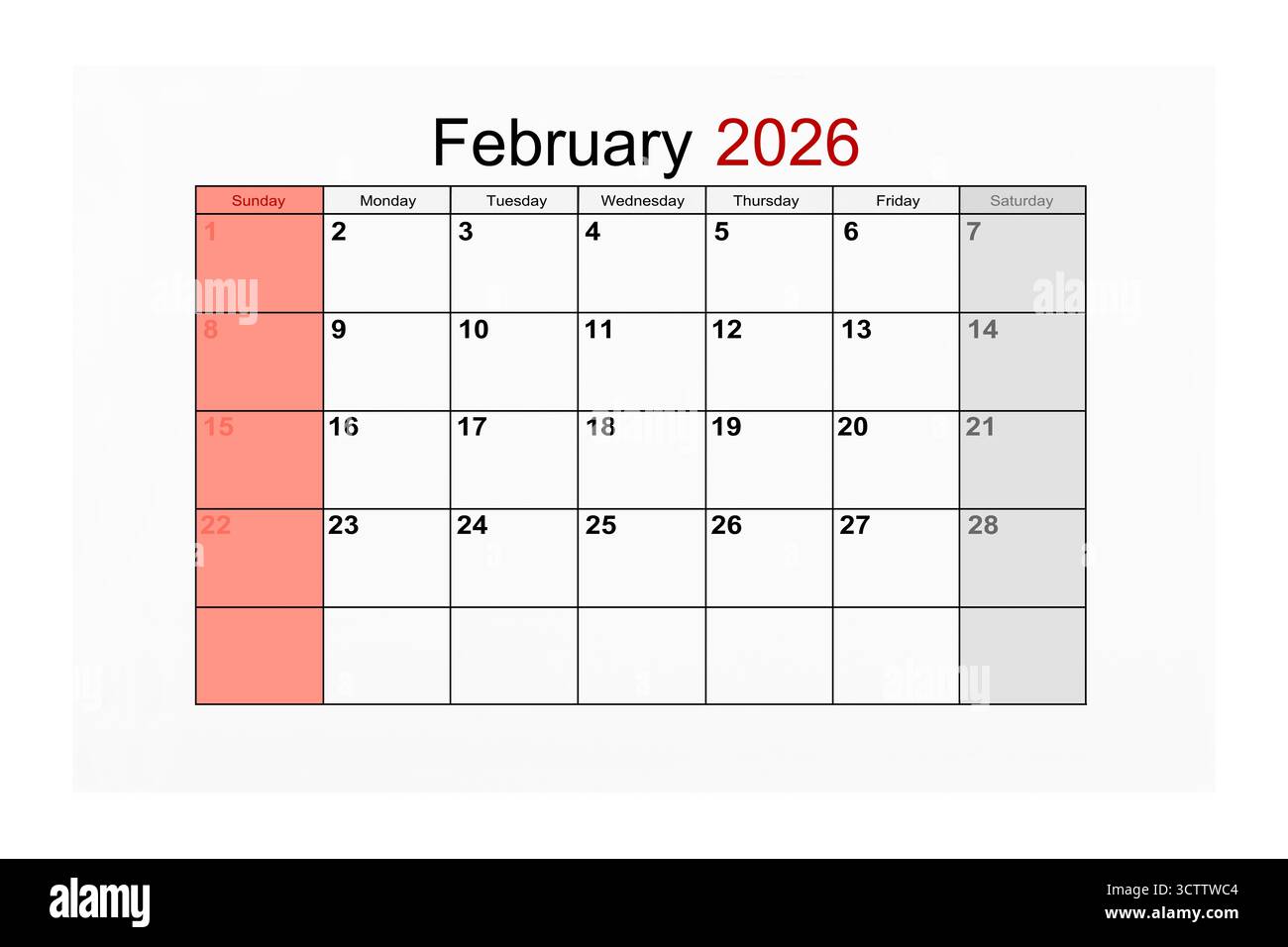 Februar 2026 Kalenderseite für 2026 Jahre isoliert auf weiß, Beschneidungspfad speichern. Stockfoto