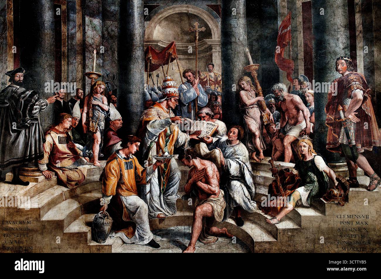 Gianfrancesco Penni, und zeigt den Kaiser, der von Papst Sylvester I. im Lateran-Taufhaus in Rom getauft wird (Halle des Konstantins) Raffaello Sanzio da Urbino 1483 – 1520 Fresken päpstliche Wohnungen Vatikanisches Rom Italien Stockfoto