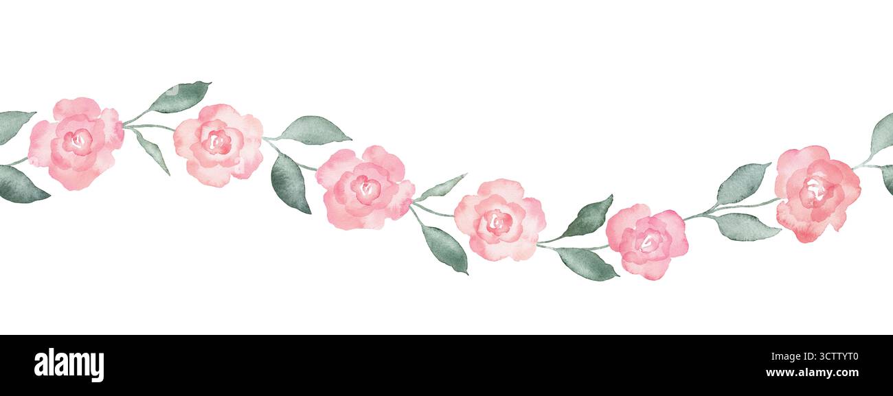 Rosafarbene Rosenblüten flecken und hinterlässt nahtlose Grenze auf weißem Hintergrund. Wiederholen Sie Banner weiche Pastellfarben Wasserfarbe für Schönheitsprodukte Stockfoto