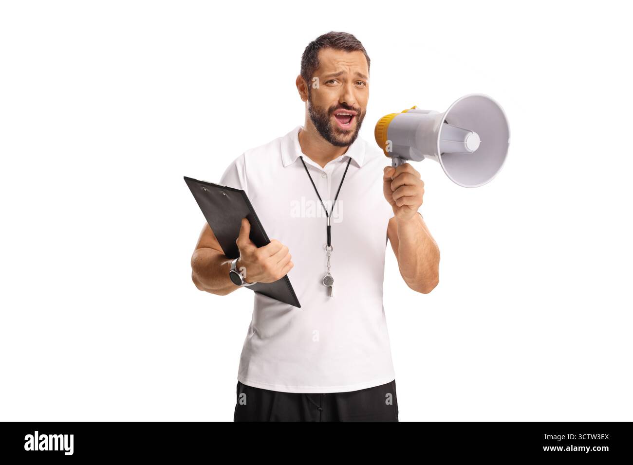 Sporttrainer mit einem Megaphon isoliert auf weißem Hintergrund Stockfoto