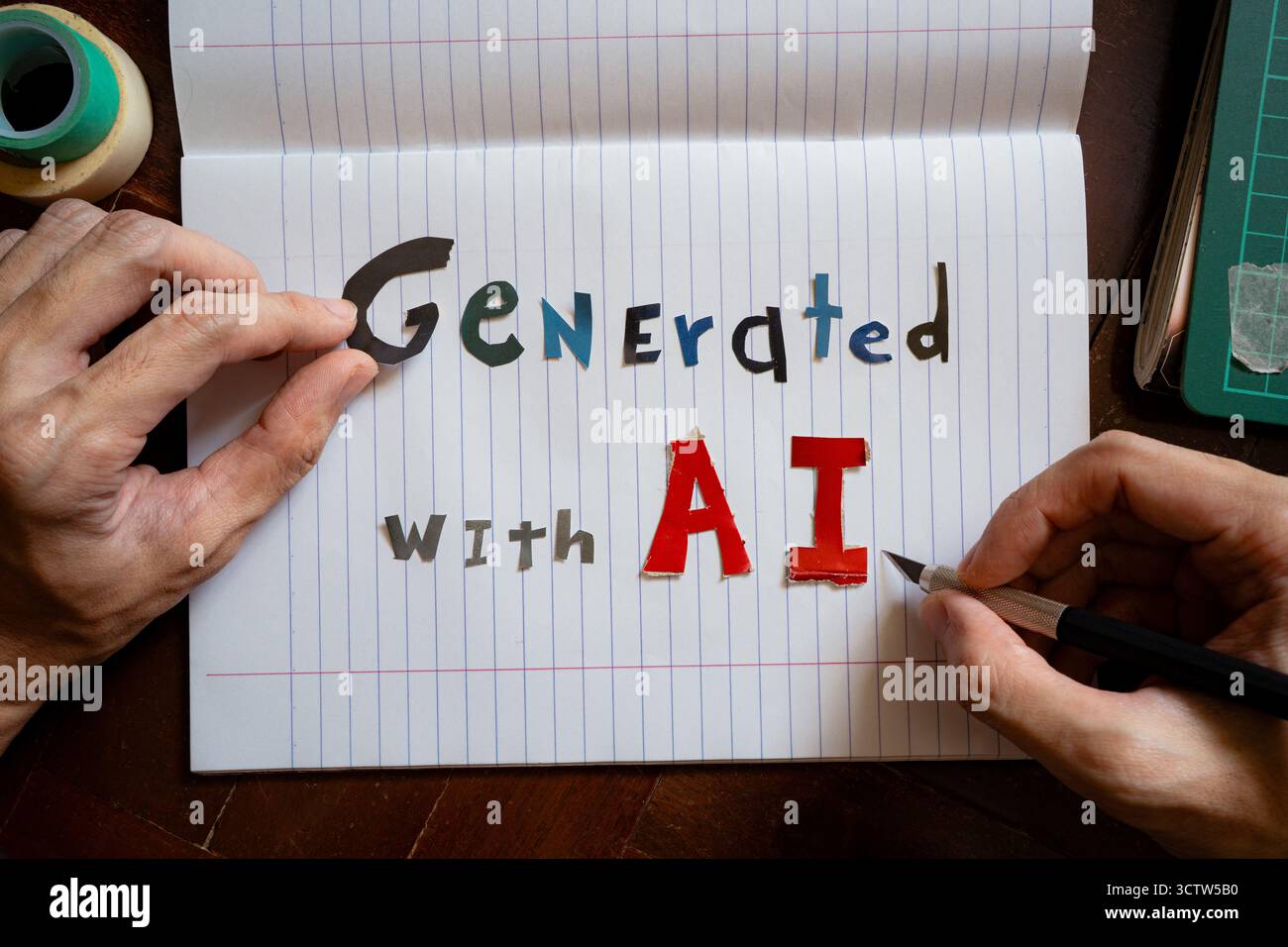 Ein Satz „generiert mit KI“ wurde aus ausgeschnittenem Zeitschriftenpapier handgefertigt. Stockfoto