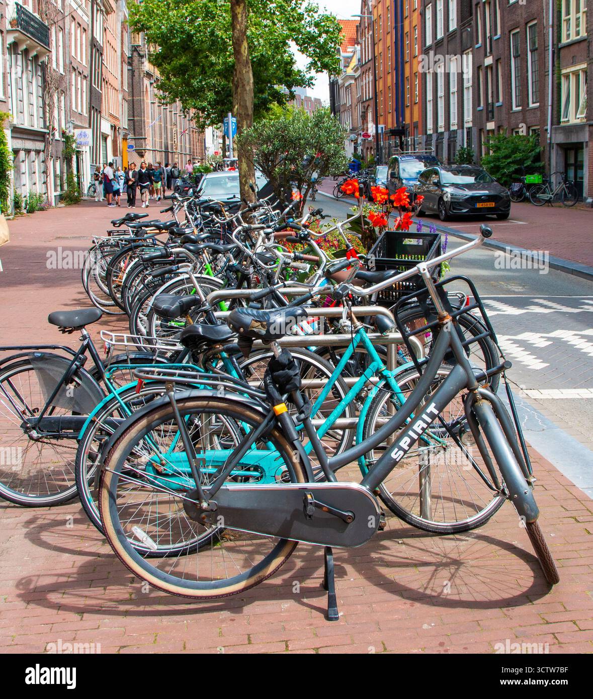 Amsterdam, Niederlande - 5. August 2025: Fahrräder säumen den Bürgersteig einer lebhaften Amsterdamer Straße mit Blumen und Bäumen. Stockfoto