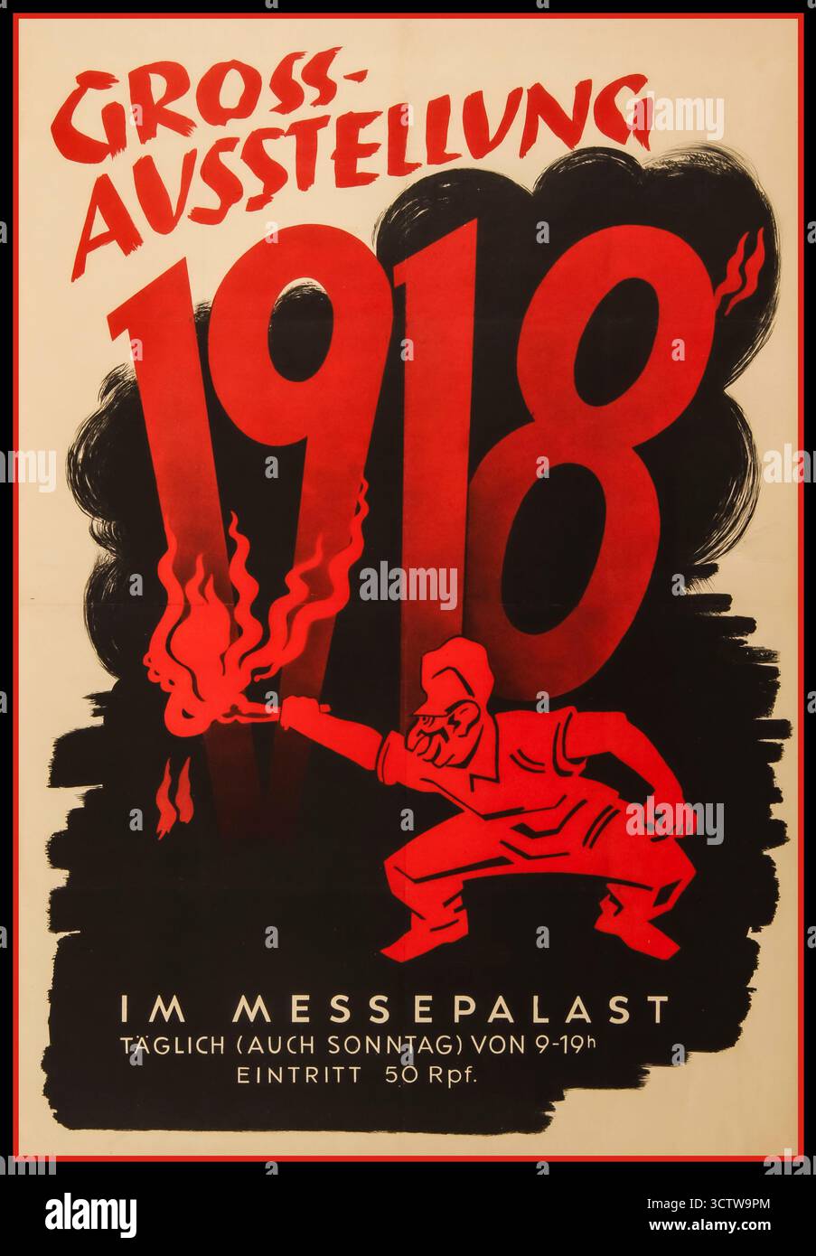 Deutsches Vintage-Poster aus dem 1. Weltkrieg für eine Gross-Ausstellung von 1918. Das Poster zeigt eine Figur mit einer brennenden Taschenlampe. Der Text „GROSS-AUSSTELLUNG 1918“ weist auf eine große Ausstellung hin, die 1918 stattfand. „Im MESSEPALAST“ bezeichnet den Ort als „Ausstellungspalast“. „AUCH SONNTAG VON 9-19 Uhr“ besagt, dass die Ausstellung täglich (einschließlich Sonntag) von 9:00 bis 19:00 Uhr geöffnet war. Das Poster war Teil einer größeren Propagandabemühung der NSDAP, deutsche Arbeiter und andere zu gewinnen, indem sie ihre Unzufriedenheit mit der Regierung und der wirtschaftlichen Lage aufrief. Stockfoto