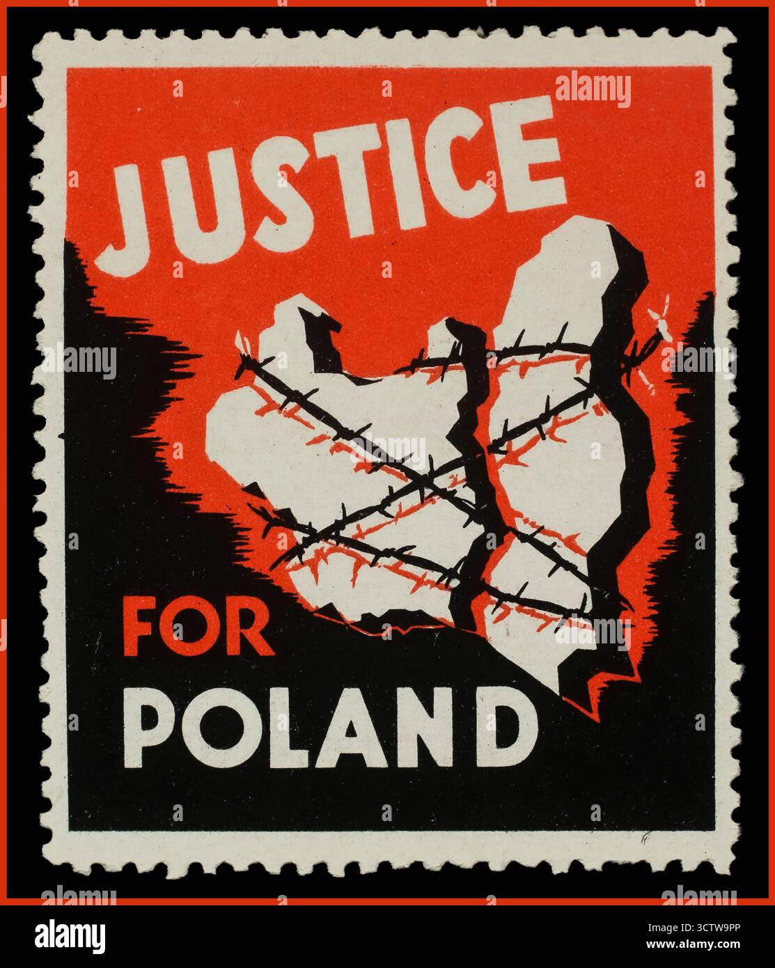 Die Kampagne "Gerechtigkeit für Polen" als Stempel zur Hervorhebung der sowjetischen Besatzung nach dem 2. Weltkrieg wurde von der polnischen Exilregierung in London während und nach dem Zweiten Weltkrieg organisiert. Die Kampagne zielte darauf ab, das Bewusstsein für die Besetzung Polens durch die Sowjetunion zu schärfen und sich für die Unabhängigkeit Polens einzusetzen. Die Briefmarke zeigt eine in Stücke zerbrochene und in Stacheldraht gewickelte Karte Polens, die die Teilung und Unterdrückung des Landes symbolisiert. Die Marke war Teil einer größeren Propagandabemühung, um die Unabhängigkeit zu fördern. Stockfoto Die Kampagne "Gerechtigkeit für Polen" als Stempel zur Hervorhebung der sowjetischen Besatzung nach dem 2. Weltkrieg wurde von der polnischen Exilregierung in London während und nach dem Zweiten Weltkrieg organisiert. Die Kampagne zielte darauf ab, das Bewusstsein für die Besetzung Polens durch die Sowjetunion zu schärfen und sich für die Unabhängigkeit Polens einzusetzen. Die Briefmarke zeigt eine in Stücke zerbrochene und in Stacheldraht gewickelte Karte Polens, die die Teilung und Unterdrückung des Landes symbolisiert. Die Marke war Teil einer größeren Propagandabemühung, um die Unabhängigkeit zu fördern. Stockfoto