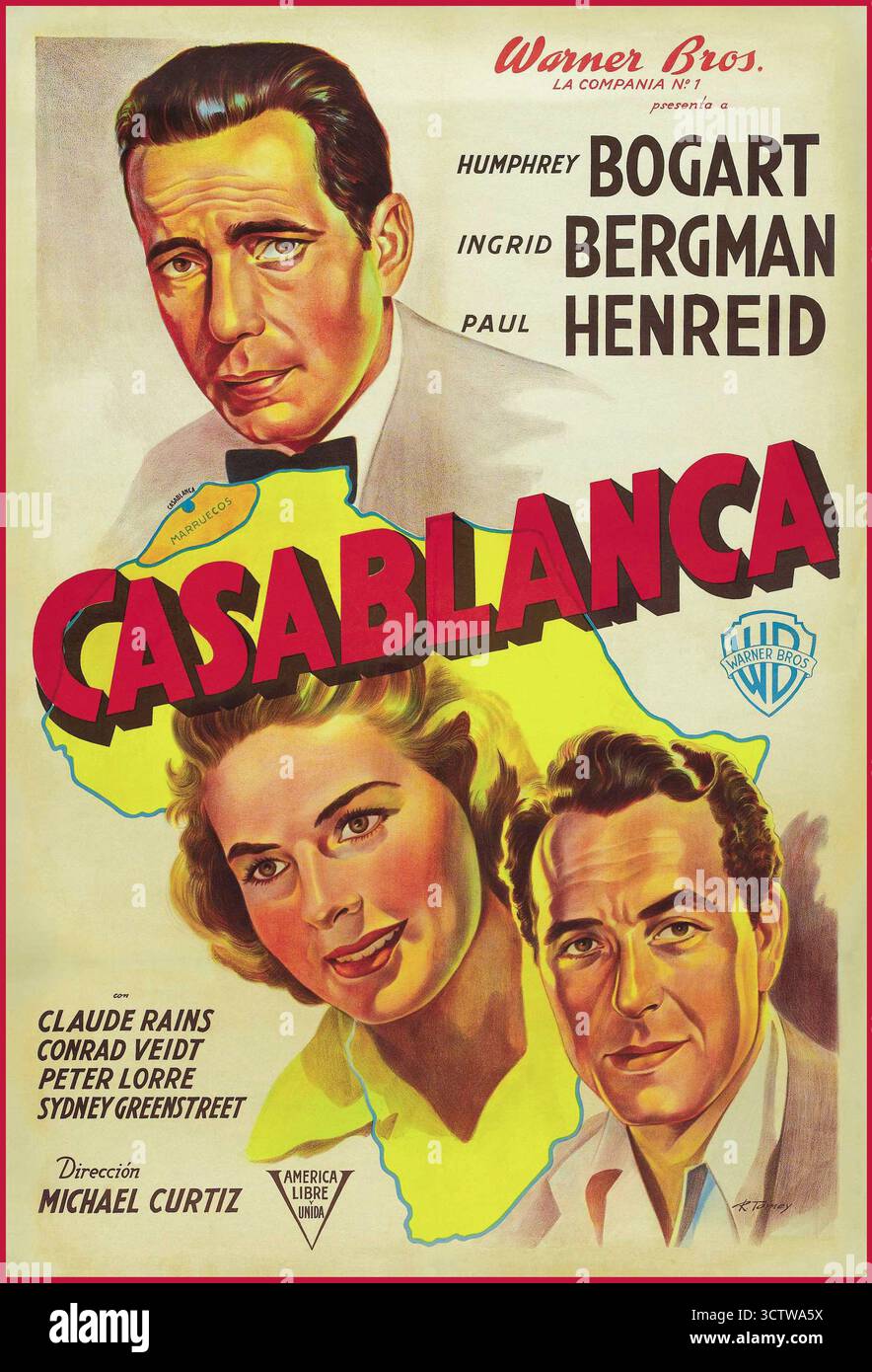Casablanca 40's Vintage Film Poster Casablanca ein amerikanischer romantischer Dramafilm aus dem Jahr 1942 unter der Regie von Michael Curtiz. Die Filmstars Humphrey Bogart, Ingrid Bergman und Paul Henreid; es gibt auch Claude Rains, Conrad Veidt, Sydney Greenstreet, Peter Lorre und Dooley Wilson. Während des zweiten Weltkriegs konzentriert es sich auf einen amerikanischen Expatriaten, der sich zwischen seiner Liebe zu einer Frau entscheiden muss und ihr und ihrem Mann, einem tschechischen Widerstandsführer, bei der Flucht aus der von Vichy kontrollierten Stadt Casablanca hilft, um seinen Kampf gegen die Nazi-Truppen fortzusetzen Stockfoto
