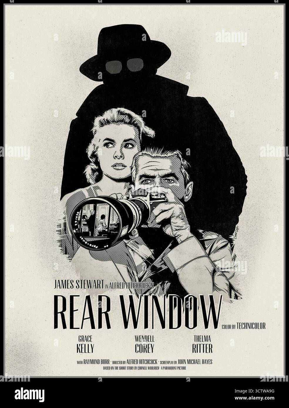HECKFENSTER ALFRED HITCHCOCK 1954 Vintage B&W Movie Film Poster Hinteres Fenster von Alfred Hitchcock mit James Stewart, Grace Kelly, Wendell Corey, Thelma Ritter Raymond Burr, Hinteres Fenster ist ein US-amerikanischer Mystery-Thriller von John Michael Hayes aus dem Jahr 1954, der auf Cornell Woolrichs Kurzgeschichte IT had to be Murder von 1942 basiert. Ursprünglich von Paramount Pictures veröffentlicht, wurde es 1954 auf dem Filmfestival in Venedig gezeigt. Gilt als einer der besten Filme von Regisseur Hitchcocks Stockfoto
