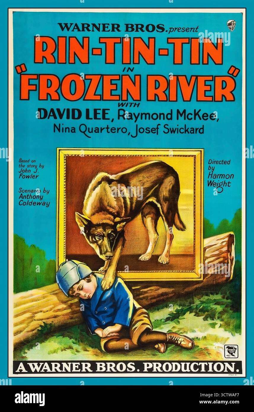 Vintage-Filmplakat für den Film 1929 mit Rin Tin Tin in der Hauptrolle in Frozen River.Hollywood USA der Film war ein „Teil-Talkie“, was bedeutet, dass er einige Sequenzen mit hörbarem Dialog sowie eine synchronisierte Musik, Soundeffekte und englische Zwischentitel enthielt, wie es während des Übergangs von Stummfilmen zu Talkies üblich war. Warner Bros. Produktion. Zu den Hauptdarstellern gehören: • Regisseur: F. Harmon Weight mit Rin Tin Tin als Lobo (ein Hund) • Davey Lee als Billy Raymond McKee als Jerry Nina Quartero als Jane Stockfoto