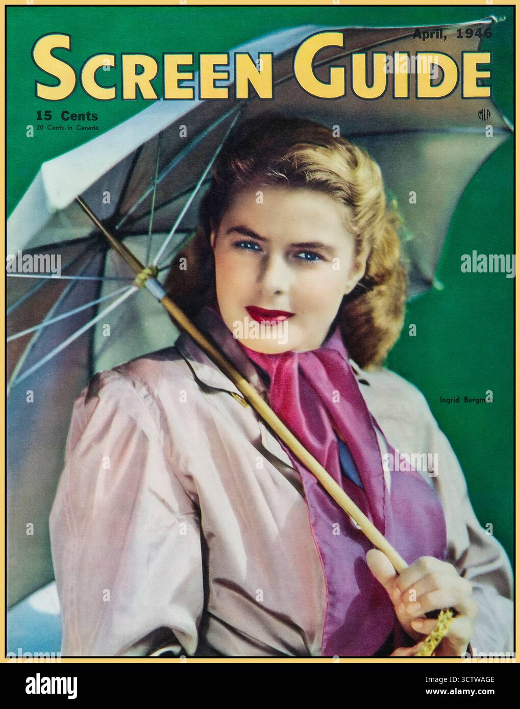 INGRID BERGMAN auf der Titelseite von Screen Guide, einem Kino-Informations-Entertainment-Magazin 1946. Ingrid Bergman (* 29. August 1915 – 29. August 1982) war eine schwedische Schauspielerin, die sich über fünf Jahrzehnte erstreckte. Bergman gilt oft als eine der einflussreichsten Filmfiguren der Filmgeschichte. Sie gewann zahlreiche Auszeichnungen, darunter drei Academy Awards, zwei Primetime Emmy Awards, einen Tony Award, vier Golden Globe Awards, den BAFTA Award und einen Volpi Cup. Sie ist eine von nur vier Schauspielerinnen, die mindestens drei Acting Academy Awards erhalten hat, nur Katharine Hepburn hat vier. Stockfoto