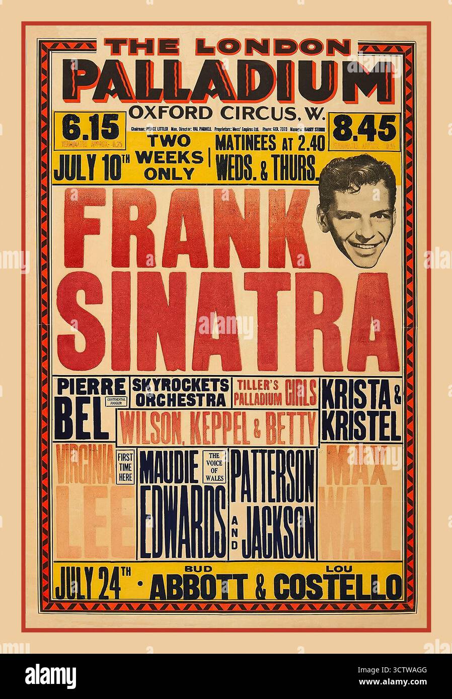Das Vintage-Poster FRANK SINATRA PALLADIUM UK 1950 wirbt für ein zweiwöchiges Engagement für Frank Sinatra ab dem 10. Juli. Die Showzeiten waren 18:15 Uhr und 20:45 Uhr, mit zwei Matinees um 14:40 Uhr mittwochs und donnerstags. Weitere Künstler, die auf dem Poster aufgeführt sind, sind Pierre, Skyrockets Orchestra, Tiller's Palladium Girls und Abbott & Costello, die am 24. Juli erscheinen sollten. Stockfoto