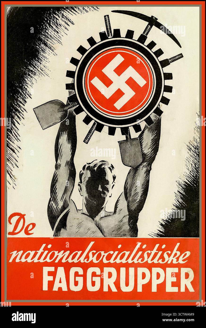 1930er Jahre Nazi Propaganda Poster DÄNEMARK die Nationalsozialistische Berufsarbeitsgruppe 'de nationalsocialistiske FAGGRUPPER' mit arischem blonden Mann, der Arbeitsgeräte hoch hält mit Hakenkreuz-Symbol Dänische Nazi-Partei Stockfoto