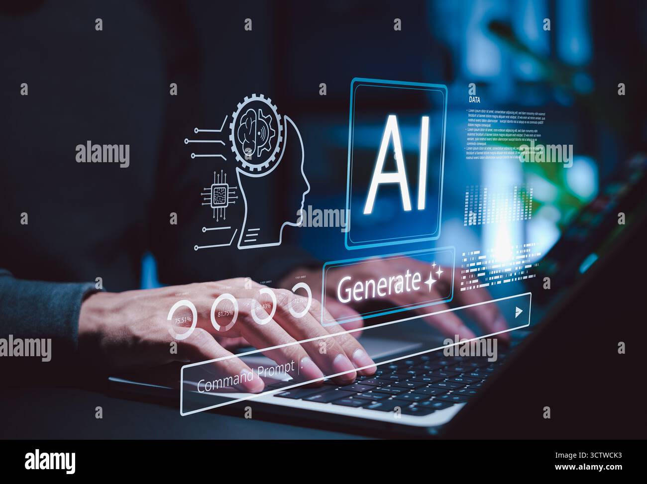 Futuristisches Konzept der Technologie der künstlichen Intelligenz, das Handtippen auf einem Laptop mit digitalen Schnittstellenelementen wie KI, Daten, Stockfoto