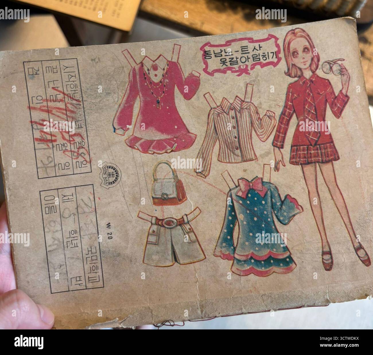 Ein Foto eines alten koreanischen Papierpuppensets aus dem Ami-dong Tombstone Culture Village in der Nähe des Gamcheon Culture Village in Busan, Südkorea. Während des Koreakrieges unternahmen Flüchtlinge eine Reise mit nur einfachen Haushaltsgegenständen, ließen sich in Gebieten wie Ami-dong nieder und bauten Häuser aus knappem Material. c. 1970. Stockfoto