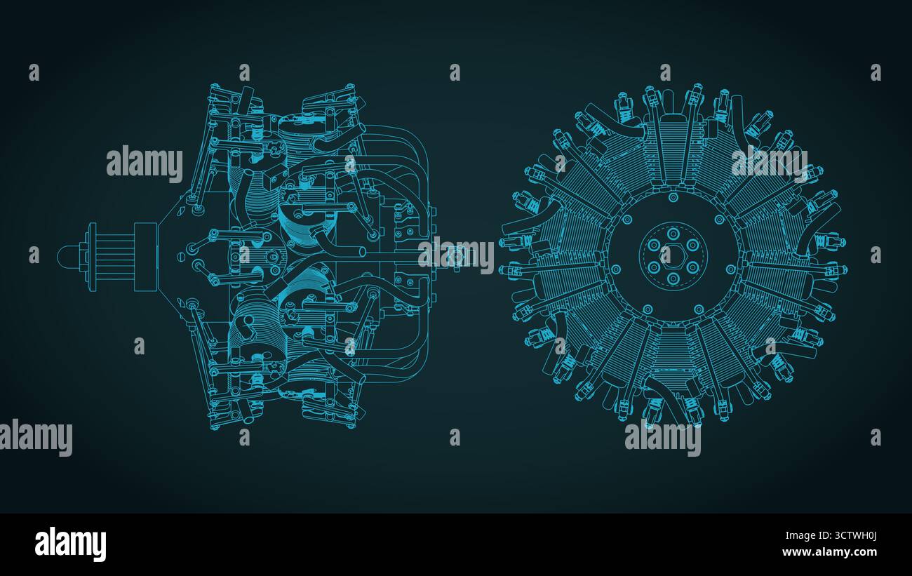 Stilisierte Vektordarstellung von isometrischen Blaupausen von Flugzeugen mit Radialmotor Stock Vektor
