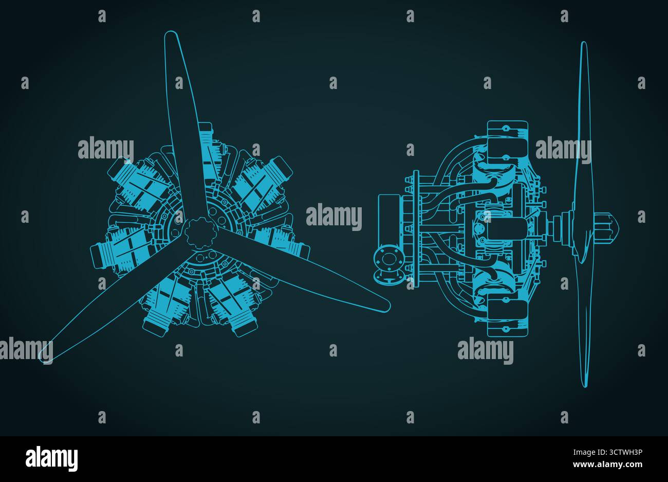 Stilisierte Vektordarstellung von Zeichnungen des 7-Zylinder-Radialmotors Stock Vektor