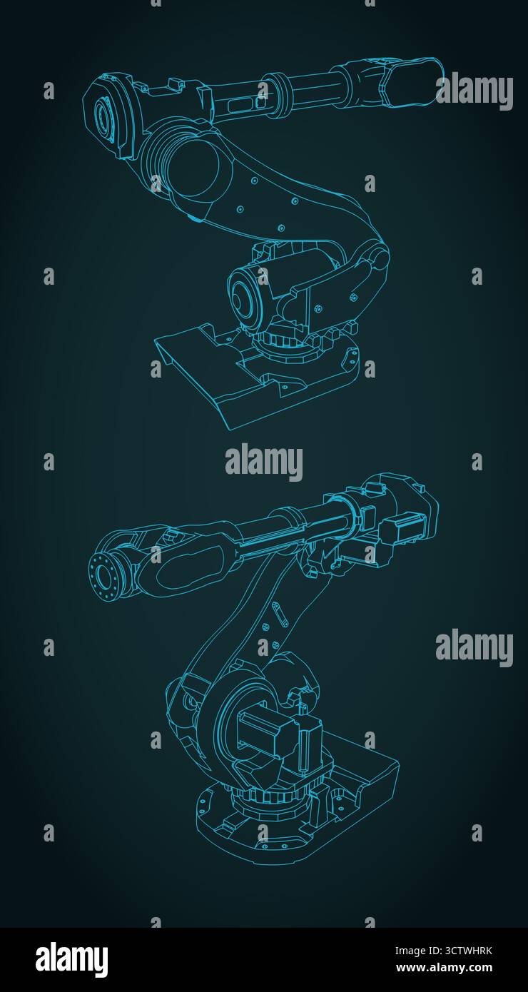 Stilisierte Vektorillustrationen von Bauplänen von Industrierobotern Stock Vektor