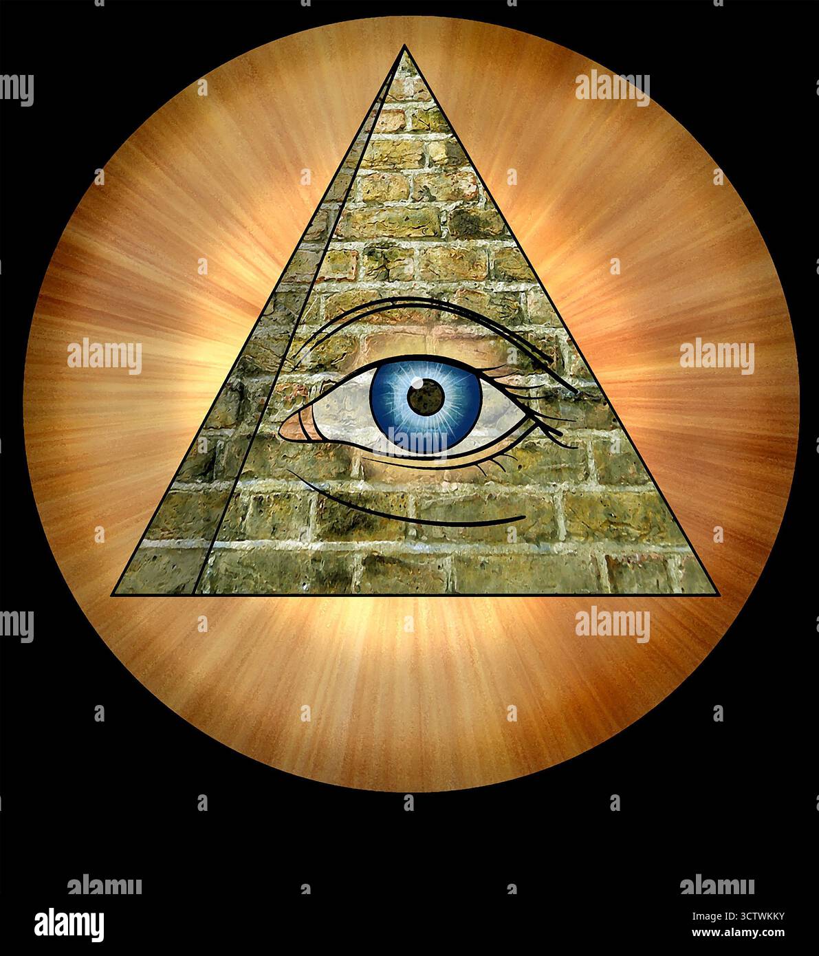 Art Eye of Providence, ein in Dreieck umschlossenes Auge, umgeben von Lichtstrahlen, repräsentiert das allsehende Auge Gottes, Freimaurer-Deist-Symbol, US Great Seal Stockfoto