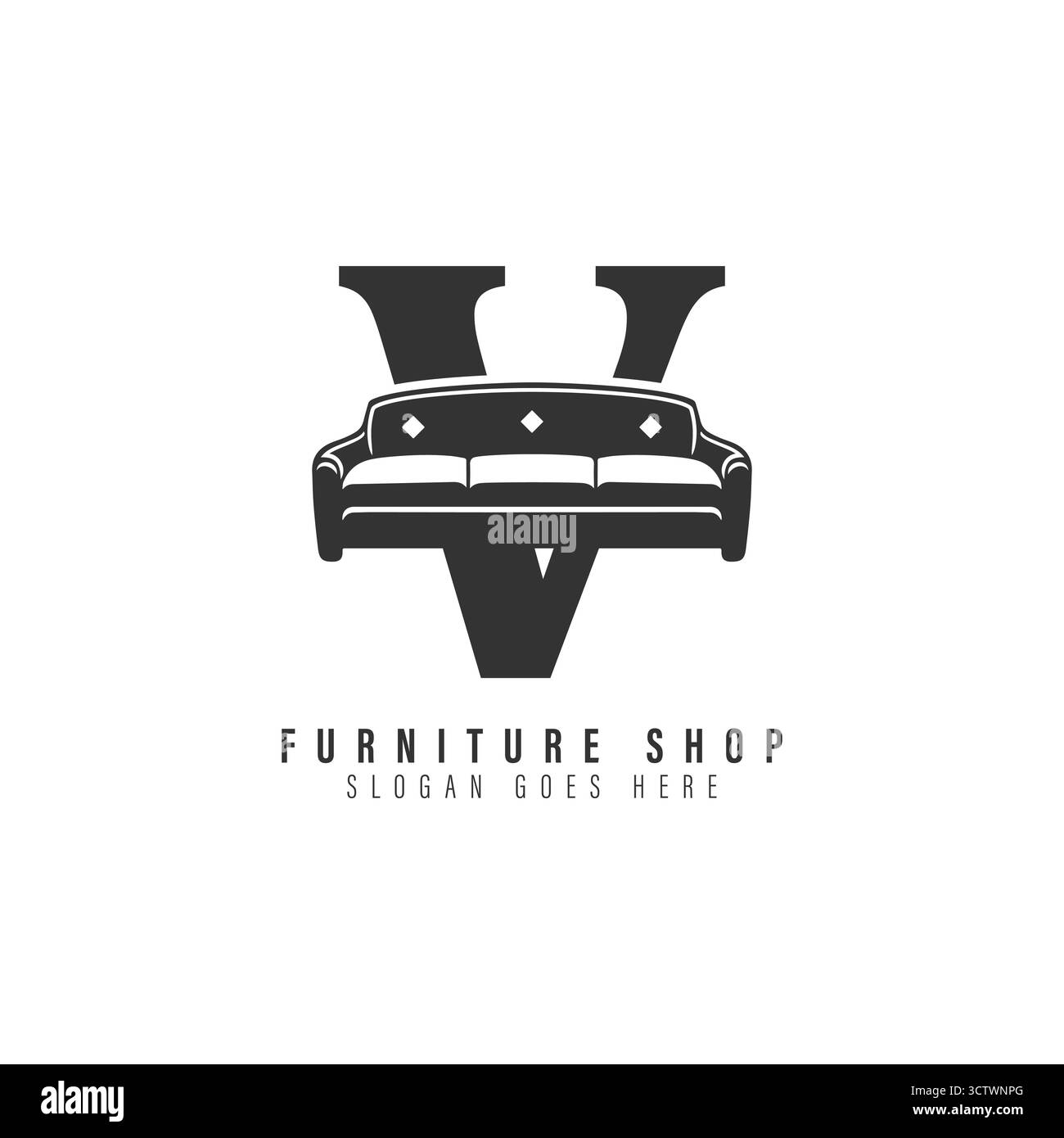 Design des Sofa-Logos mit Buchstabe V. Symbol „Möbel“ mit Buchstabe V Stock Vektor