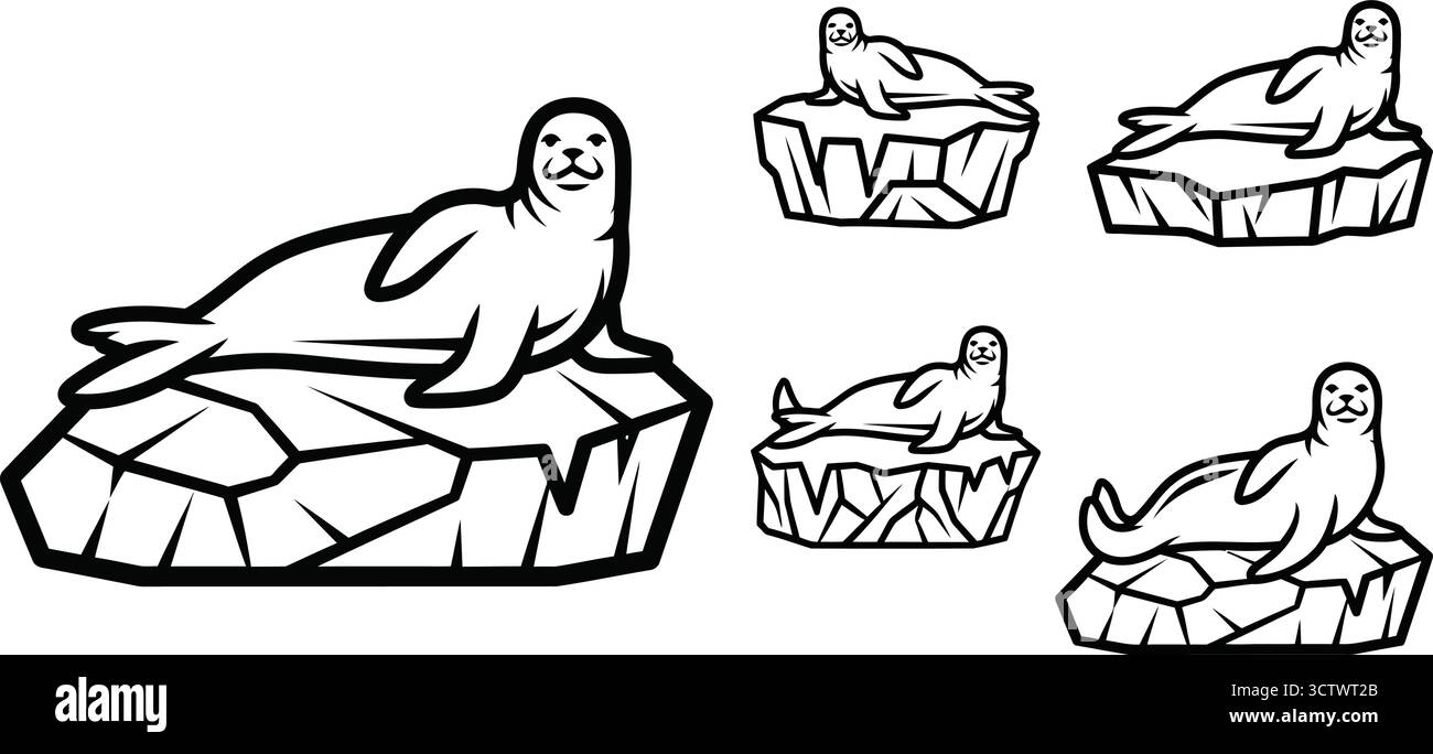 Robben ruhende Eisschollen, eine bezaubernde Sammlung von arktischen Säugetieren in verschiedenen Posen Stock Vektor