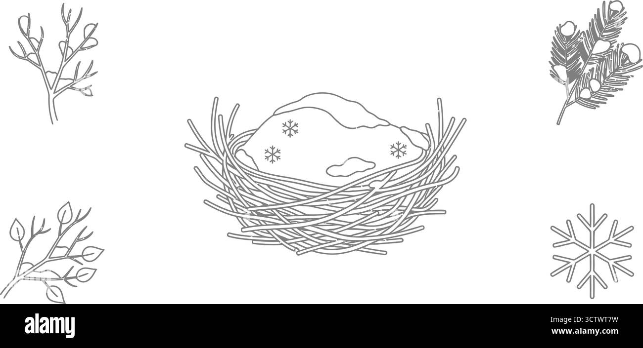 Nest mit Eiern und Winterlaub, die die Widerstandsfähigkeit der Natur und den jahreszeitlichen Wandel repräsentieren Stock Vektor