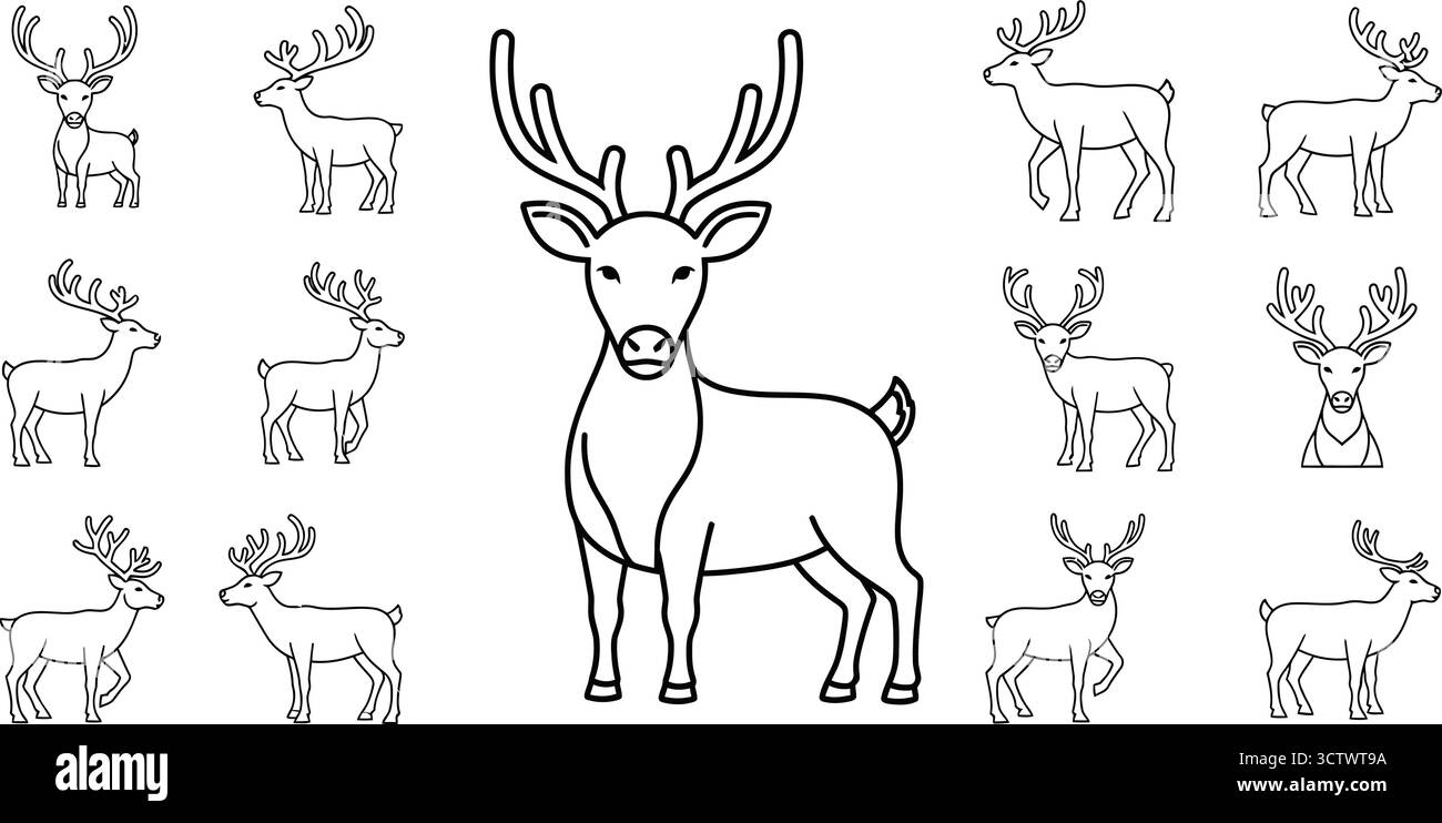 Sammlung von Rentierillustrationen mit verschiedenen Posen und Geweihmotiven Stock Vektor