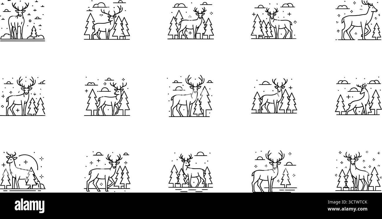 Sammlung von Illustrationen von Hirschen in Winterlandschaften, die die Schönheit und Tierwelt der Natur zeigen Stock Vektor