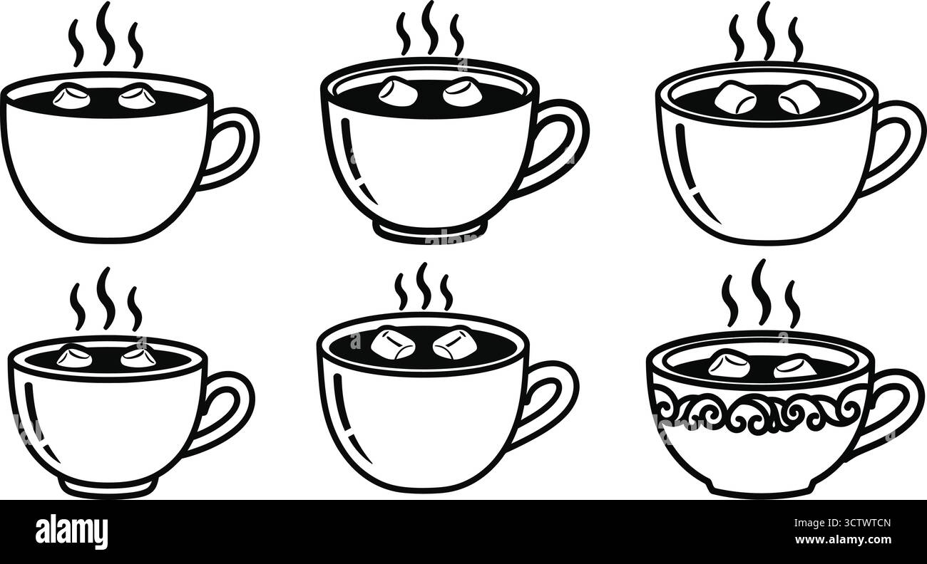 Auswahl an heißen Getränketassen, perfekt für Kaffee, Tee oder heiße Schokolade Stock Vektor