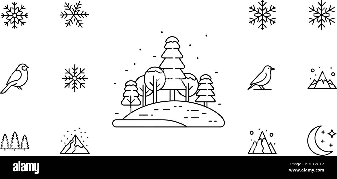 Winterlandschaft mit Schneeflocken, Vögeln, Bäumen, Bergen und Mond in schlichtem Stil Stock Vektor