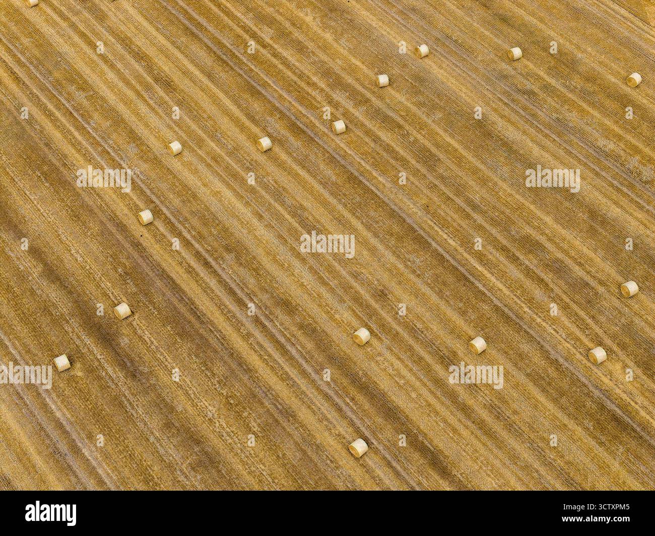 Abstrakte Top-Down-Ansicht mit Mustern eines geernteten Feldes und Heuballen Stockfoto